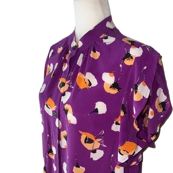 EUC Equipment Femme Floral Printed Ruffle Sleeve Pockets Silk Shirtdress M - Picture 2 of 12